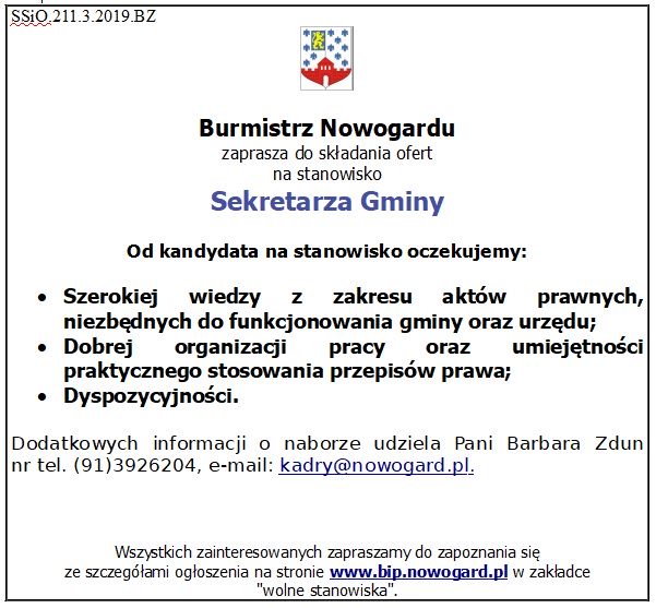 Burmistrz Nowogardu ogłasza nabór na Sekretarza gminy Nowogard